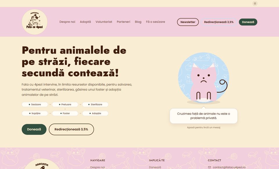 Captură de ecran a homepage-ului fatacu4pezi.ro, construit de BrandForge